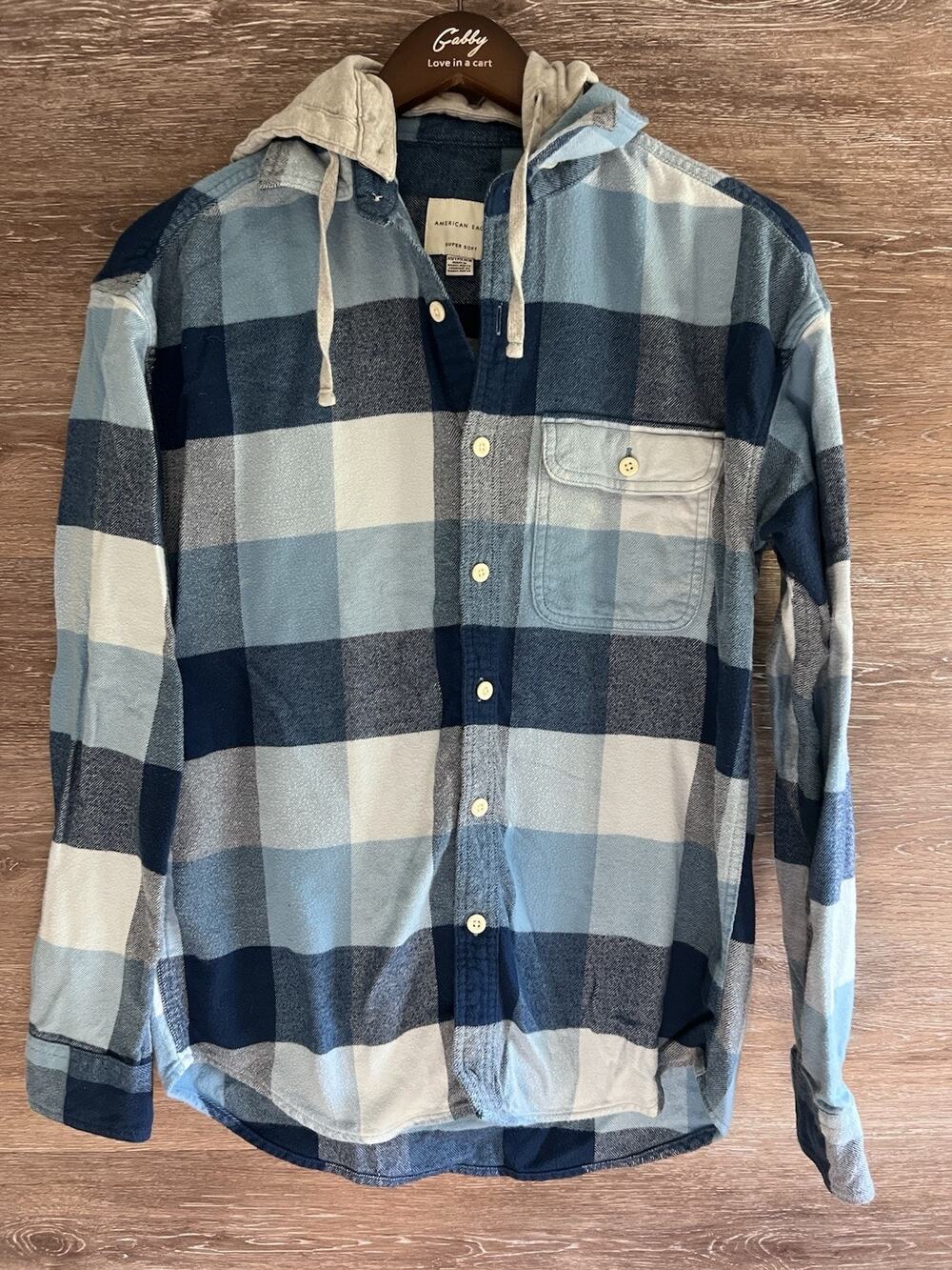 American Eagle Sweater Men Extra Small Adult Blue Flannel Hoodie Super Soft XS